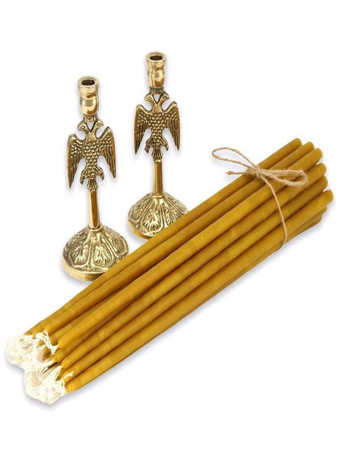 BlessedMart Set of 2 Eagle Design Brass Candle Holders and 20 Pure Beeswax Church Candles, Orthodox Tapers, Byzantine Candlestick, Home Altar - Image 1